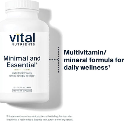 Vital Nutrients Minimal and Essential Multivitamin | Vegetarian One per Day Multi Vitamin, Mineral, & Antioxidant Supplement* | Iron-Free | Gluten, Dairy, Soy Free | Non-GMO | 180 Capsules