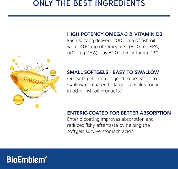 BioEmblem Omega-3 Fish Oil 2000mg - Small Size Softgels, High Absorption Form, Sustainable - 1400mg EPA &DHA Plus Vitamin D3, Non-GMO, Heart, Joint, & Brain Health Fish Oil Supplement, 120 Ct