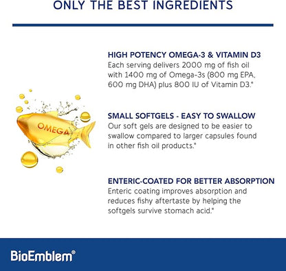 BioEmblem Omega-3 Fish Oil 2000mg - Small Size Softgels, High Absorption Form, Sustainable - 1400mg EPA &DHA Plus Vitamin D3, Non-GMO, Heart, Joint, & Brain Health Fish Oil Supplement, 120 Ct
