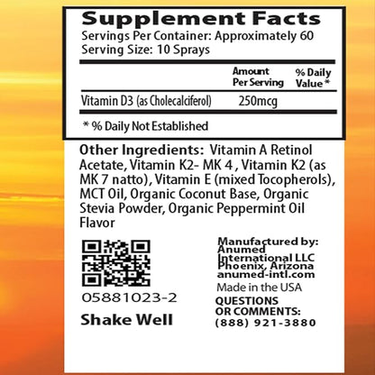 Vitamin D3 K2 10,000 IU Liquid Spray with Organic MCT Oil, Vitamin A (Retinol) 1250mcg, K2 (MK4,MK7) Promotes Heart, Bones, Immune System. 100% Vegan, Non-GMO, Gluten-Free, No Sugar Added (2oz)