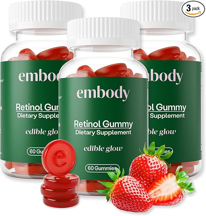 Embody Multivitamin Retinol Gummy - 180 Count, Strawberry Flavor - Vitamin A Supplement for Anti-Aging, Acne, and Clear Skin - Glowing and Youthful Hair, Skin and Nails - Biotin, Vitamin C