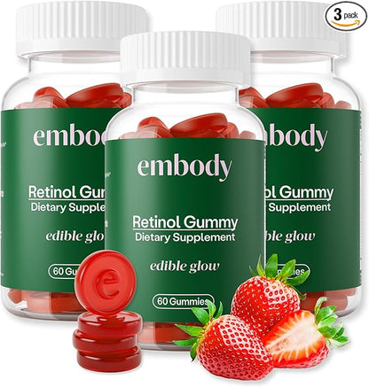 Embody Multivitamin Retinol Gummy - 180 Count, Strawberry Flavor - Vitamin A Supplement for Anti-Aging, Acne, and Clear Skin - Glowing and Youthful Hair, Skin and Nails - Biotin, Vitamin C