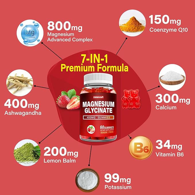 Magnesium Glycinate Gummies 400mg with Ashwagandha, Lemon Balm, CoQ10 for Energy Support & Better Zzz –Sugar Free Magnesium Gummy Supplements for Women and Men- 60 Count