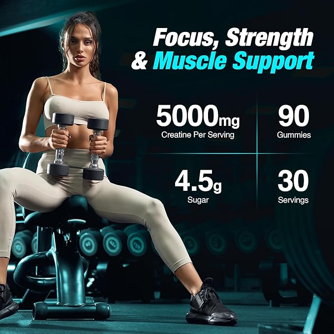 Creatine Monohydrate Gummies - 5g Creapure Creatine per Serving - Vegan, Blue Raspberry Flavor - Boost Muscle Strength, Endurance, Recovery & Mental Focus - 90 Gummies, Gluten-Free