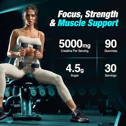 Creatine Monohydrate Gummies - 5g Creapure Creatine per Serving - Vegan, Blue Raspberry Flavor - Boost Muscle Strength, Endurance, Recovery & Mental Focus - 90 Gummies, Gluten-Free