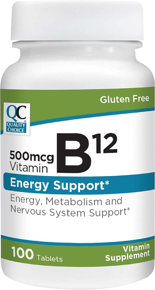 Quality Choice Vitamin B12 500 MCG, Energy, Metabolism, & Nervous System Support Supplement 100 Count Bottle of Tablets