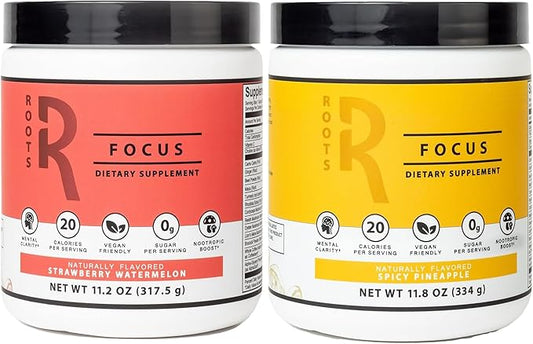 Roots Focus Nootropic Brain Supplement - Strawberry Watermelon & Spicy Pineapple- Lion's Mane, Cordyceps, & Reishi Functional Mushrooms + Extended-Release Caffeine, 100 Servings