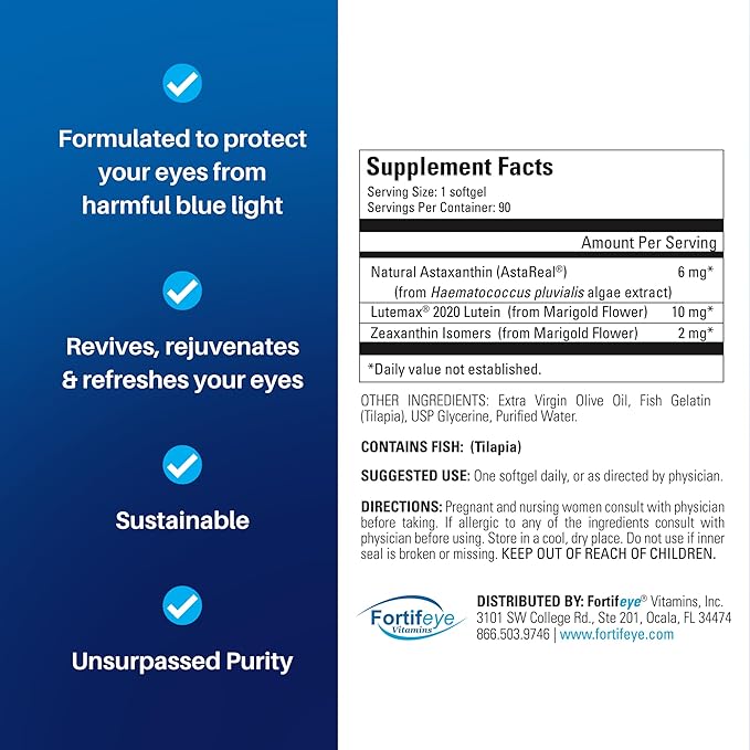 Fortifeye Focus Eye Care Supplement | Triple Carotenoid Including Astaxanthin, Lutein, and Zeaxanthin | 90 Softgel Capsules
