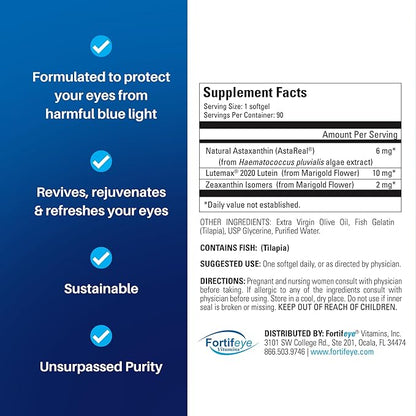 Fortifeye Focus Eye Care Supplement | Triple Carotenoid Including Astaxanthin, Lutein, and Zeaxanthin | 90 Softgel Capsules