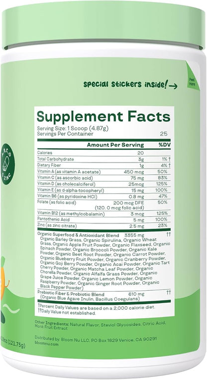 Bloom Nutrition Superfood Greens Powder for Kids, Digestive Enzymes, Probiotics, Prebiotics, Gut Health, Chlorella, Green Juice Mix w/Beet Root Powder (25 Servings (Pack of 1), Tropical Punch)