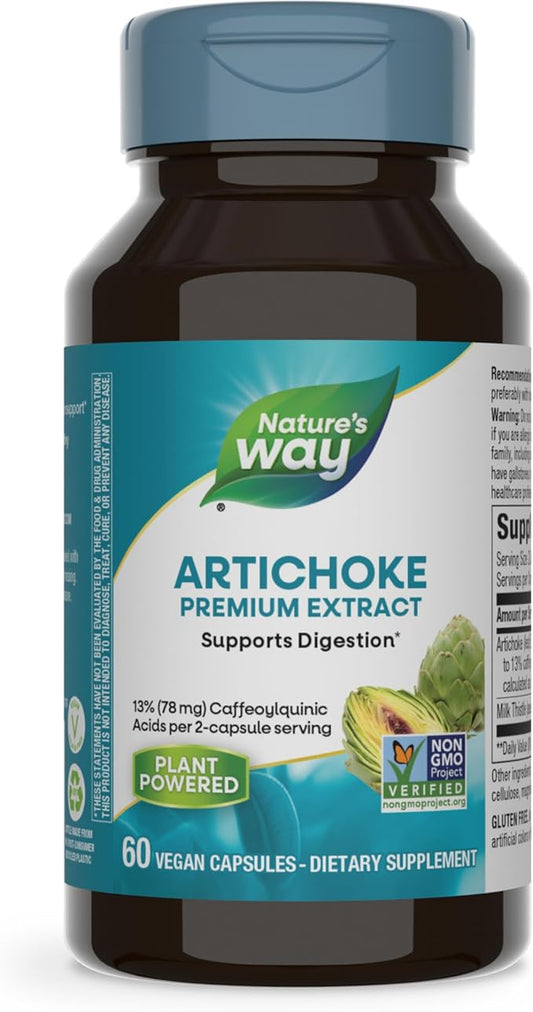 Nature's Way Artichoke Premium Extract, Supports Digestion*, Non-GMO Project Verified, Vegan, Gluten-Free, 60 Capsules (Packaging May Vary)