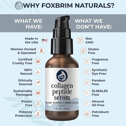 Peptides Serum for Face - Collagen Booster - Anti-Aging - Tighten Lift Hydrate & Plump All Skin Types, Reduce Fine Line & Wrinkles, All Natural Ingredients - Foxbrim Naturals (1 Fl Oz)