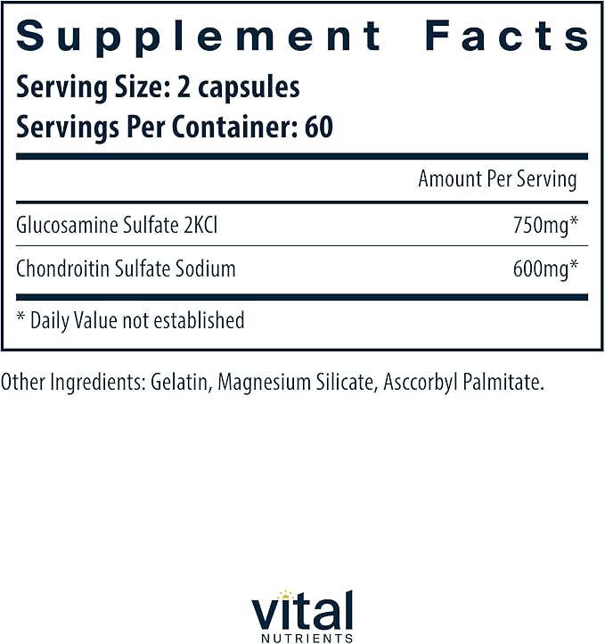 Vital Nutrients Glucosamine & Chondroitin | Healthy Cartilage, Mobility, and Joint Support Supplement | Gluten, Dairy, Soy Free | Non-GMO | 120 Capsules