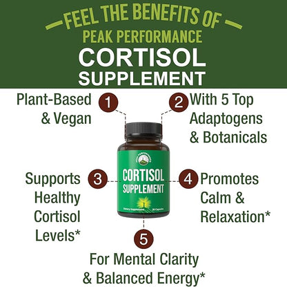 5-in-1 Cortisol Supplement for Women & Men. Lower High Cortisol with Ashwagandha, Rhodiola Rosea, L-Theanine, Phosphatidylserine, Magnolia Bark. Calm Relaxation, Balanced Energy, Vegan Supplements