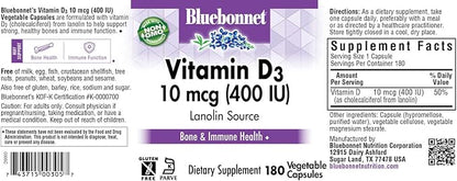 BlueBonnet Nutrition Vitamin D3 400 IU Vegetable Capsule, Aids in Muscle and Skeletal Growth, Cholecalciferol from Lanolin, Non GMO, Gluten Free, Soy Free, Milk Free, Kosher, 180 Count
