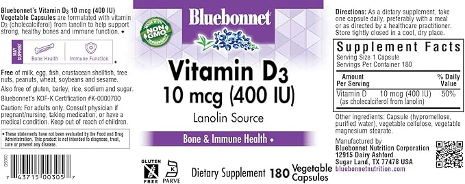 BlueBonnet Nutrition Vitamin D3 400 IU Vegetable Capsule, Aids in Muscle and Skeletal Growth, Cholecalciferol from Lanolin, Non GMO, Gluten Free, Soy Free, Milk Free, Kosher, 180 Count