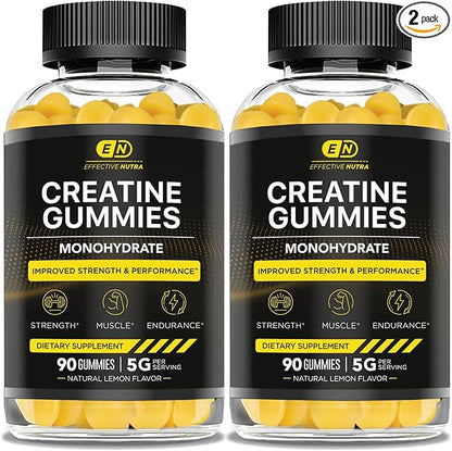 Creatine Monohydrate Gummies 5g - Vegan Creatine Gummies for Men & Women - Creatine Chews for Strength, Muscle, Energy, Endurance - Natural Lemon Flavor (2-Pack)