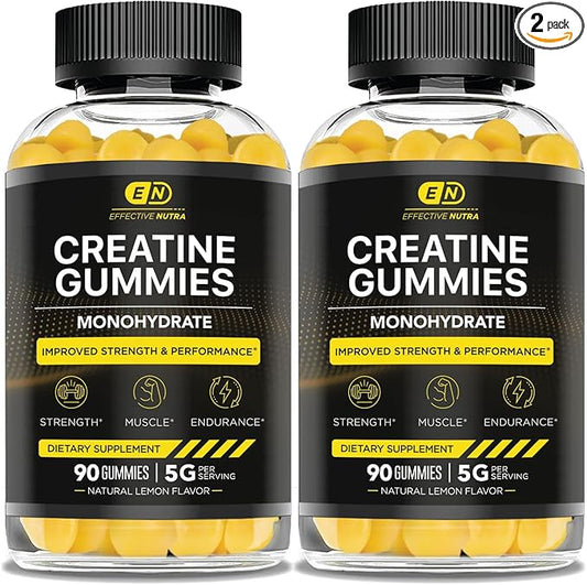 Creatine Monohydrate Gummies 5g - Vegan Creatine Gummies for Men & Women - Creatine Chews for Strength, Muscle, Energy, Endurance - Natural Lemon Flavor (2-Pack)