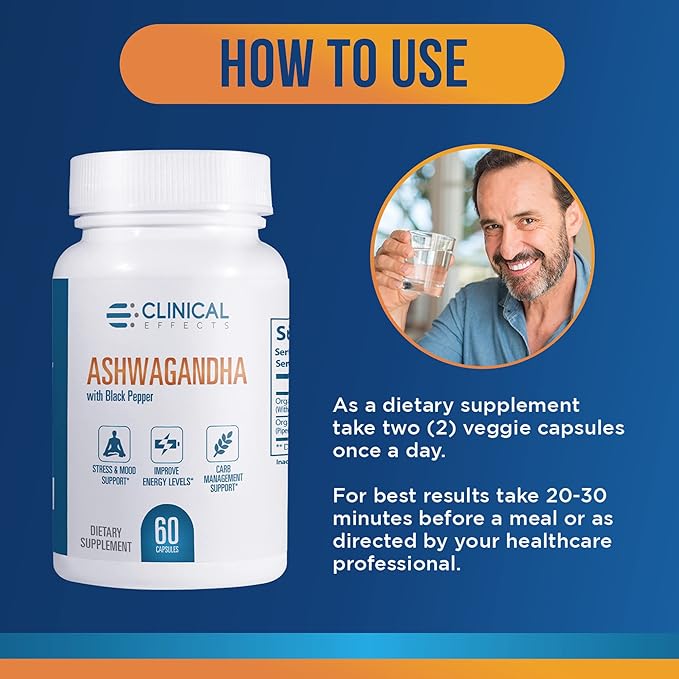 Clinical Effects Ashwagandha with Black Pepper for Stamina and Calm - 3 Pack, 180 Ashwagandha Capsules - Made in The USA