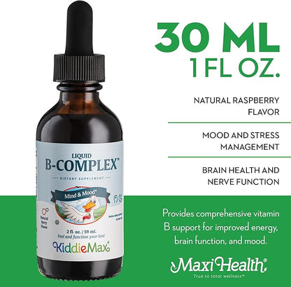 Maxi Health Kids Raspberry Liquid Vitamin B Complex - Vitamin Supplement with Vitamin B12 - Sublingual B Vitamins Complex Drops for Kids with B1 B2 B3 B5 B6 Biotin Folic Acid - 2 fl. Ounces
