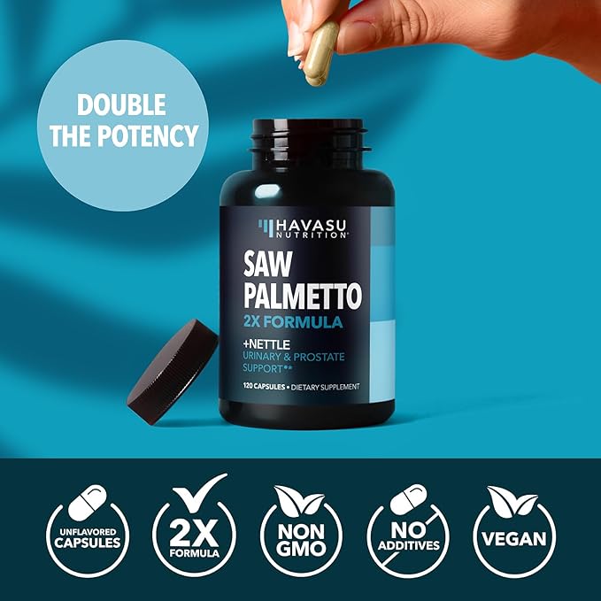 Saw Palmetto with Stinging Nettle Capsules - 2X Prostate Support Supplement for Men’s Health - 120 Count - DHT Blocker for Urinary Tract Function and Hair - Vegan, Non-GMO - 2 Month Supply