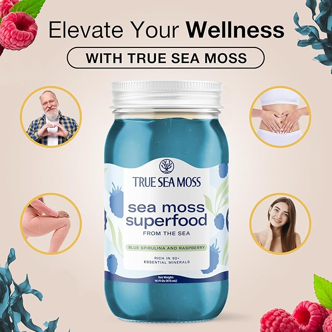 TrueSeaMoss Sea Moss Gel – Made in USA – Wildcrafted Seamoss, Fresh Fruits & Sea Vegetables – Blue Spirulina, Pack of 1 (Labels may Vary)