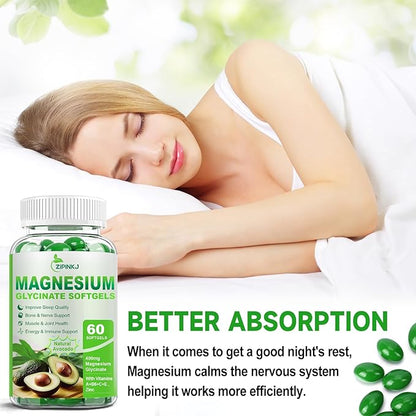 High Absorption Magnesium Glycinate Softgels, Magnesium Supplements 400mg with Zinc, Vitamin E, B6 for Women Men, Improve Sleep, Muscle Relaxation & Bone Health, Gluten-Free, Non-GMO, 2 Pack