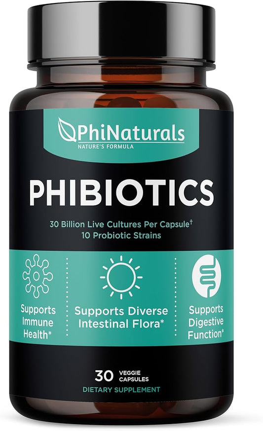 High Potency Probiotics 10 Strains 30 Billion CFUs PhiNaturals – [30 Vegan Capsules] for Women and Men Digestive Gut Health - Lactobacillus Acidophilus Salivarius Rhamnosus Bifidobacterium Probioticos