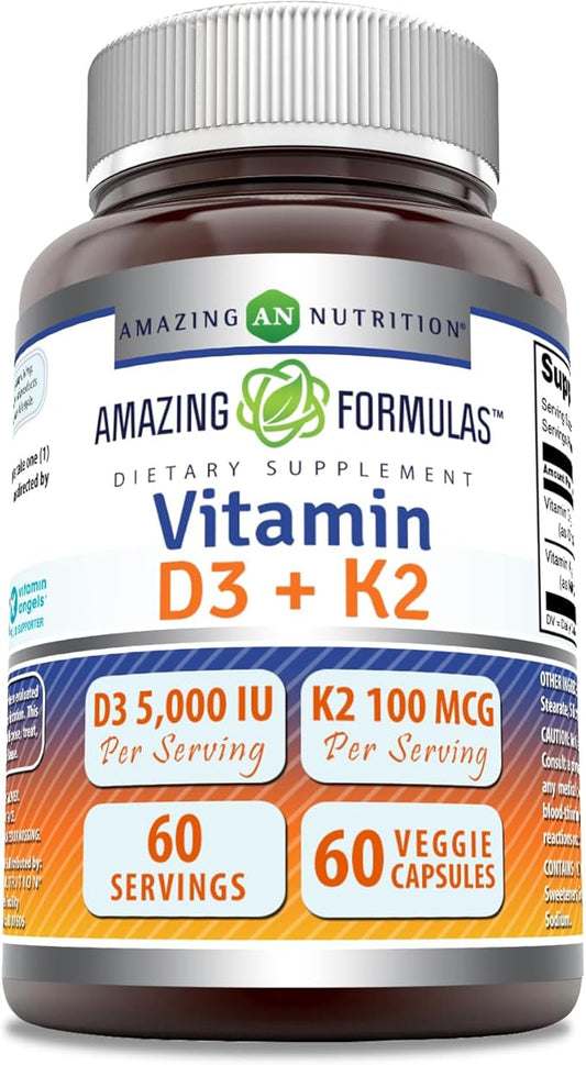 Amazing Formulas Vitamin D3 5000 IU with Vitamin K2 100 mcg | D3 + K2 Complex Supplement | Veggie Capsules | Non-GMO | Gluten Free | Made in USA (60 Count)