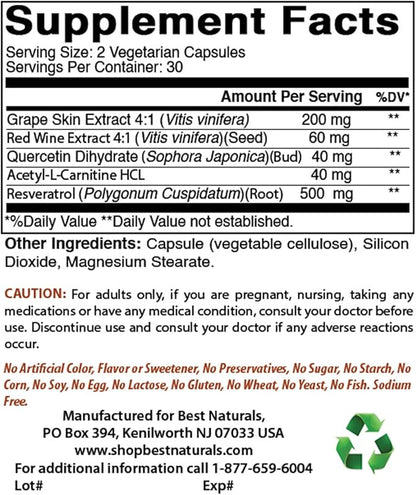 Best Naturals 2 Packs Resveratrol Complex 500 mg 60 Veg Capsules Made with Grape Skin, Red Wine, Quercetin - Gluten Free & Non GMO - (Total 120 Capsules)