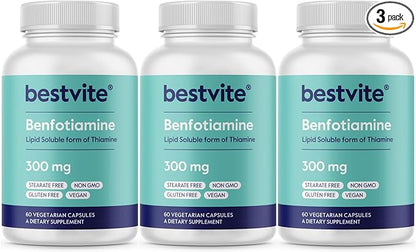 BESTVITE Benfotiamine 300mg (180 Vegetarian Capsules) (60x3) No Stearates - No Silicon Dioxide - Vegan - Non GMO - Gluten Free