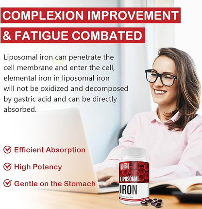 Liposomal Fe Iron Supplement for Women,65 mg Iron Supplements with Folic Acid & Vitamin B12 for Men,Red Blood Cell Production,Energy Support for Adults Iron Deficiency 60 Softgels(1 Bottle)