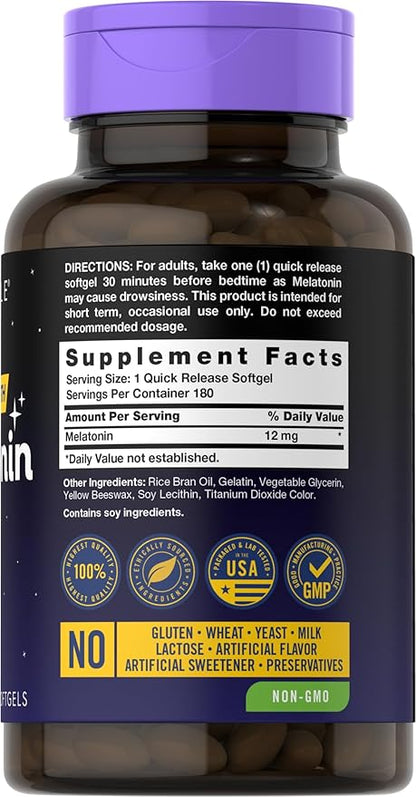 Carlyle Melatonin 12 mg | 180 Softgel Capsules | Adult Extra Strength Support Supplement | Non-GMO, Gluten Free