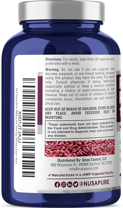 NusaPure Red Yeast Rice 1800mg 180 Veggie Capsules (Non-GMO, Vegan)