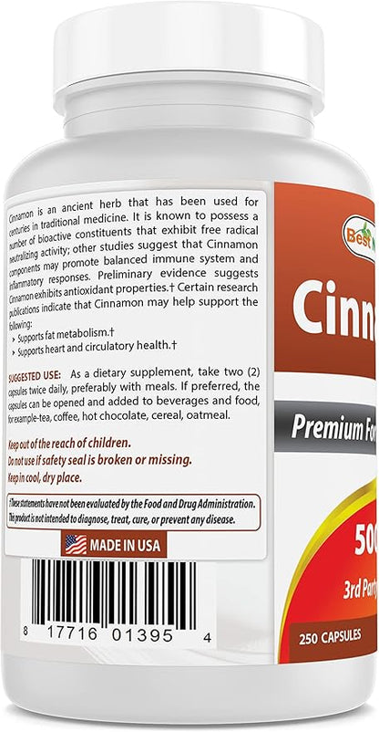 Best Naturals Cinnamon 500 mg 250 Capsules (250 Count (Pack of 1))