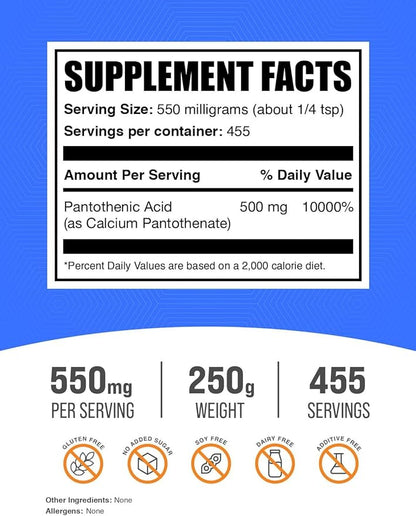 BulkSupplements.com Vitamin B5 Powder - as Calcium Pantothenate, B5 Vitamins - Gluten Free, 500mg of Vitamin B5 Pantothenic Acid per Serving, 250g (8.8 oz) (Pack of 1)