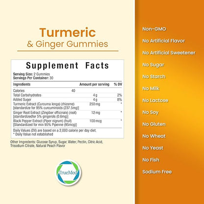 Turmeric and Ginger Gummies Supplement, Organic Turmeric Curcumin,95% Curcuminoids 5% Gingerols Root, Joint Health & Inflammation Support with Black Pepper Extract, Peach Flavor, USA Made -60 Count