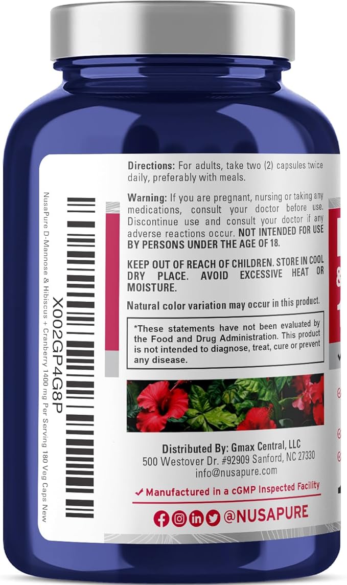 NusaPure D-Mannose Complex 1400 mg (with Hibiscus and Cranberry) - 180 Veggie Caps.