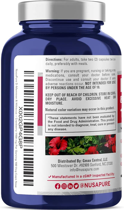 NusaPure D-Mannose Complex 1400 mg (with Hibiscus and Cranberry) - 180 Veggie Caps.