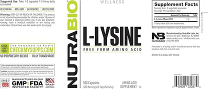 NutraBio L-Lysine (500mg) - Pure Grade Amino Acid - 500 Vegetable Capsules - Essential Amino Acid - Non-GMO - Gluten Free - Vegan