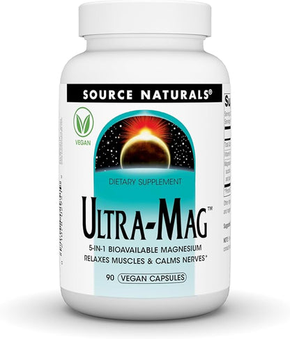 Source Naturals Ultra-Mag, Vegan Dietary Supplement, 5-in1 Bioavailable Magnesium, Relaxes Muscles & Calms Nerves*, Vegan Capsules (90)