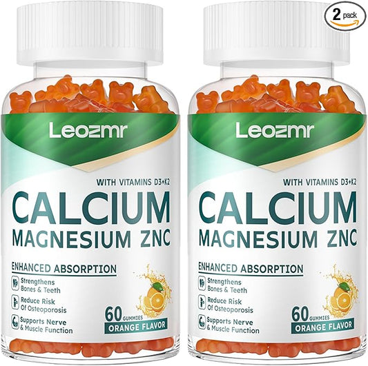 Calcium Magnesium Zinc Gummies with Vitamin D3 & K2 - High Potency Enhanced Absorption -120 Orange Gummies Flavored