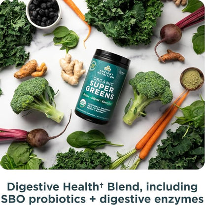 Ancient Nutrition Super Greens Powder, Organic Superfood Powder with Probiotics Made with Spirulina, Chlorella, Matcha, and Digestive Enzymes, 25 Servings, 7.5oz