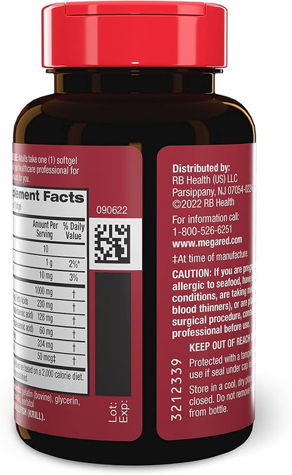 MegaRed Ultra Strength 1000mg Omega-3 Krill Oil Supplement with EPA/DHA, Astaxanthin & Phospholipids, No Fish Oil Aftertaste Supports Heart, Brain, Joint and Eye Health, 60 Count Softgels.