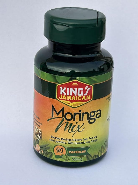 Jamaican Moringa Capsules – 100% Natural Ingredients – Made from Dried Moringa Leaves, Pods & Seeds – 90 Capsules, 500mg – with Turmeric & Ginger – Herbal Supplement, Nutrient-Rich – Easy to Swallow