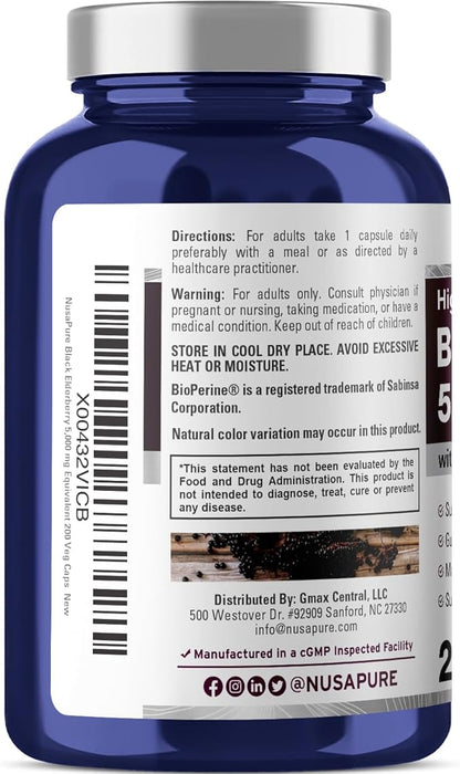 NusaPure Black Elderberry 50:1 Extract, 100 mg Equivalent to 5,000mg per Veggie Capsules, 200 Count (Non-GMO, Bioperine) Sambucus Supplement