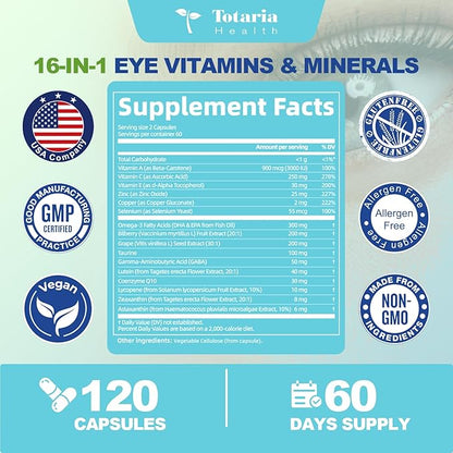 Eye Vitamins Lutein and Zeaxanthin for Adults, AREDS 2 Eye Vitamin and Mineral, Omega-3, Bilberry Extract - Carotenoid Blend, Support Eye Health, Strain, Comfort & Hydration (120 Capsules)
