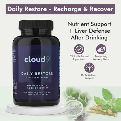 Cloud9 Daily Restore - Liver Support Supplement for Nutrient Replenishment & Cellular Defense - Energy Supplement with Essential Vitamins for Mental Health Support & Recovery After Drinking