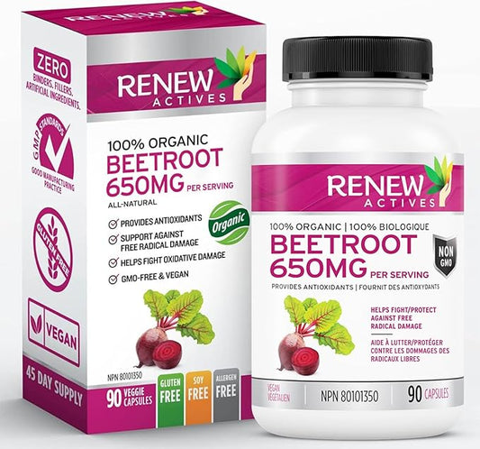 Renew Actives Organic Beetroot Supplement 1300MG per 2 Capsules - Pure Beetroot Powder for Circulation, Natural Energy, & Antioxidant Benefits - High-Potency Superfood, Made in Canada - 90 Capsules