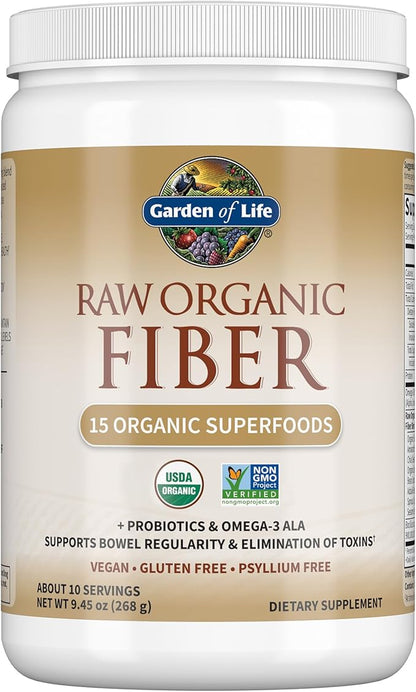 Garden of Life Raw Organic Fiber Supplement Powder - 10 Servings, 15 Organic Superfoods + Probiotics & Omega-3 ALA, 4g Soluble & 5g Insoluble Fiber for Regularity - Psyllium Free
